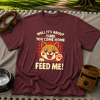 Shiba Inu Feed Me artwork on a Maroon T-shirt.