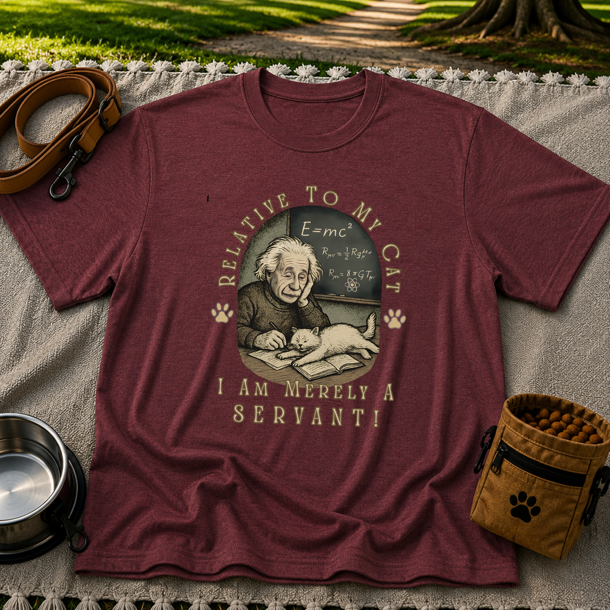 Relativity to My Cat Servant design on a Maroon T-shirt.