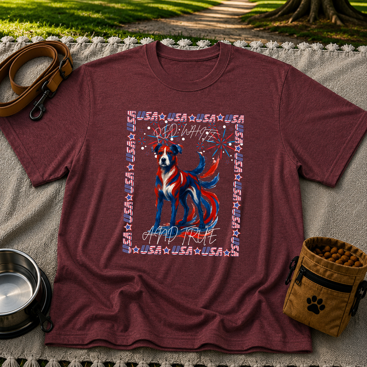 USA Fireworks Dog Lover design on a Maroon T-shirt.