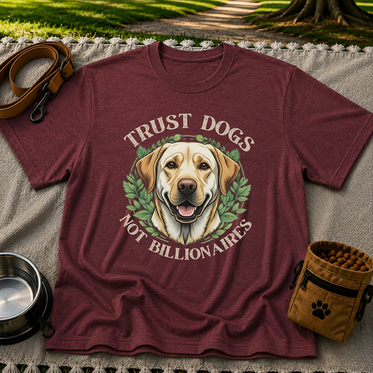 a Labrador portrait framed by “Trust Dogs Not Billionaires”. On a Maroon T-shirt.