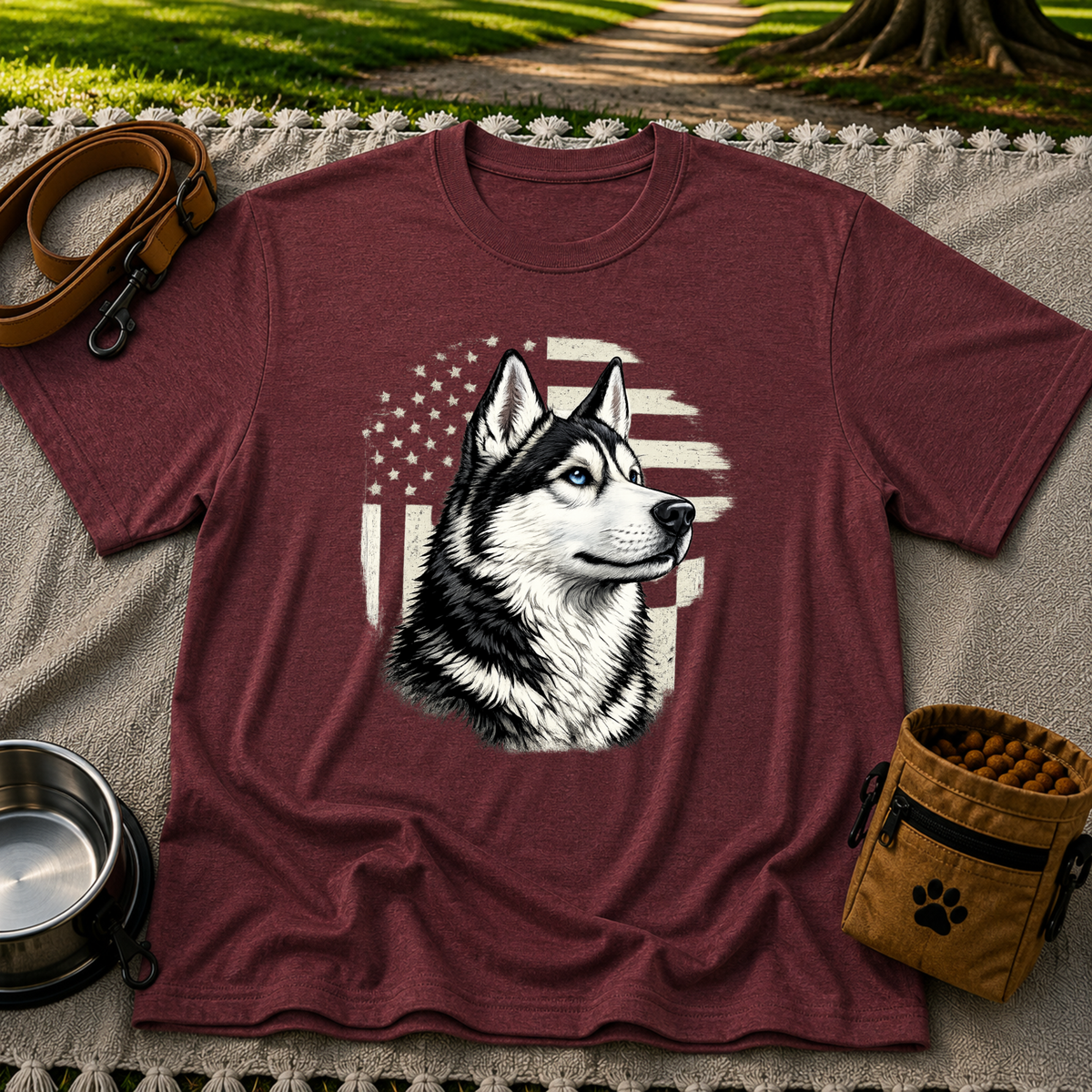 Patriotic Siberian Husky Dog design on a Maroon T-shirt.