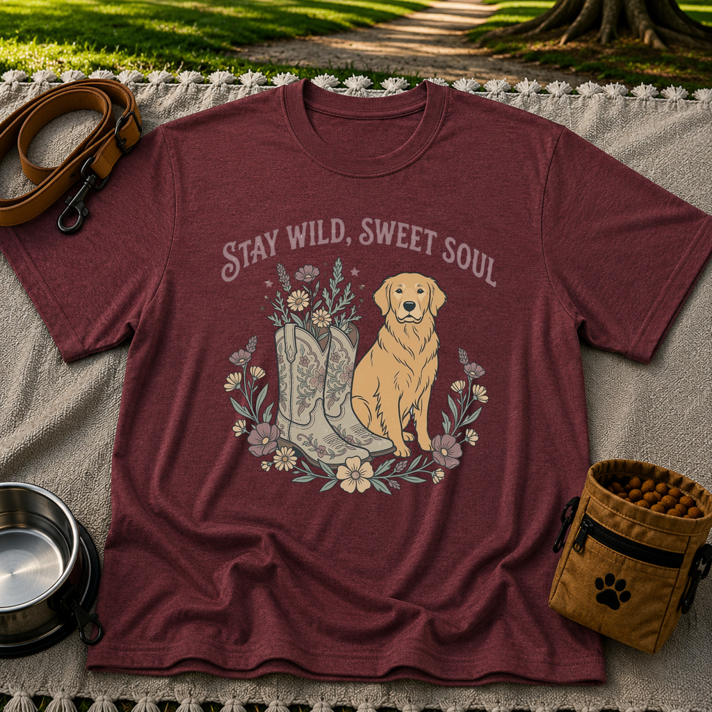 Maroon T-shirt mockup featuring golden-coated dog beside floral cowboy boots and flowers beneath Stay Wild Sweet Soul.