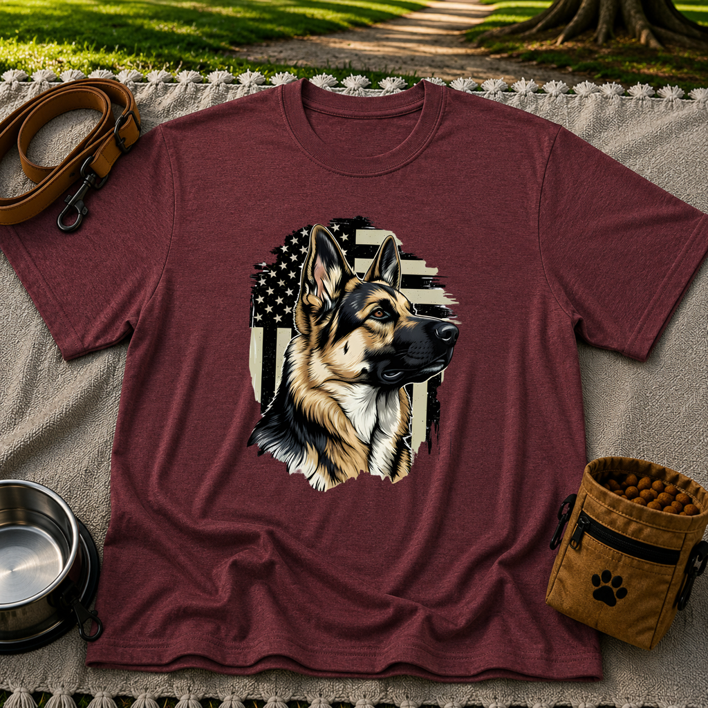 German Shepherd American Flag design on a Maroon T-shirt.