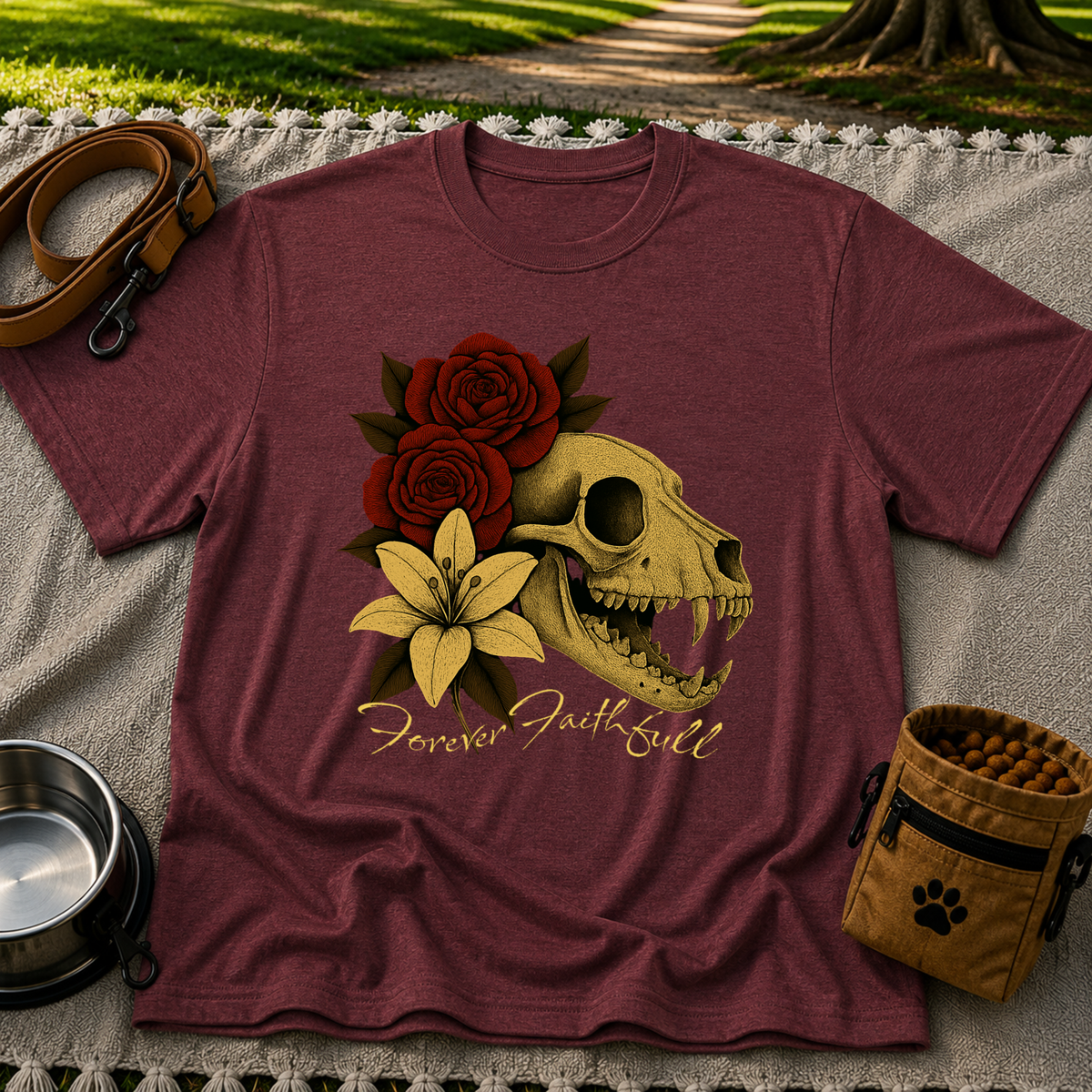 a dog skull with roses and the words “Forever Faithful”. On a Maroon T-shirt.
