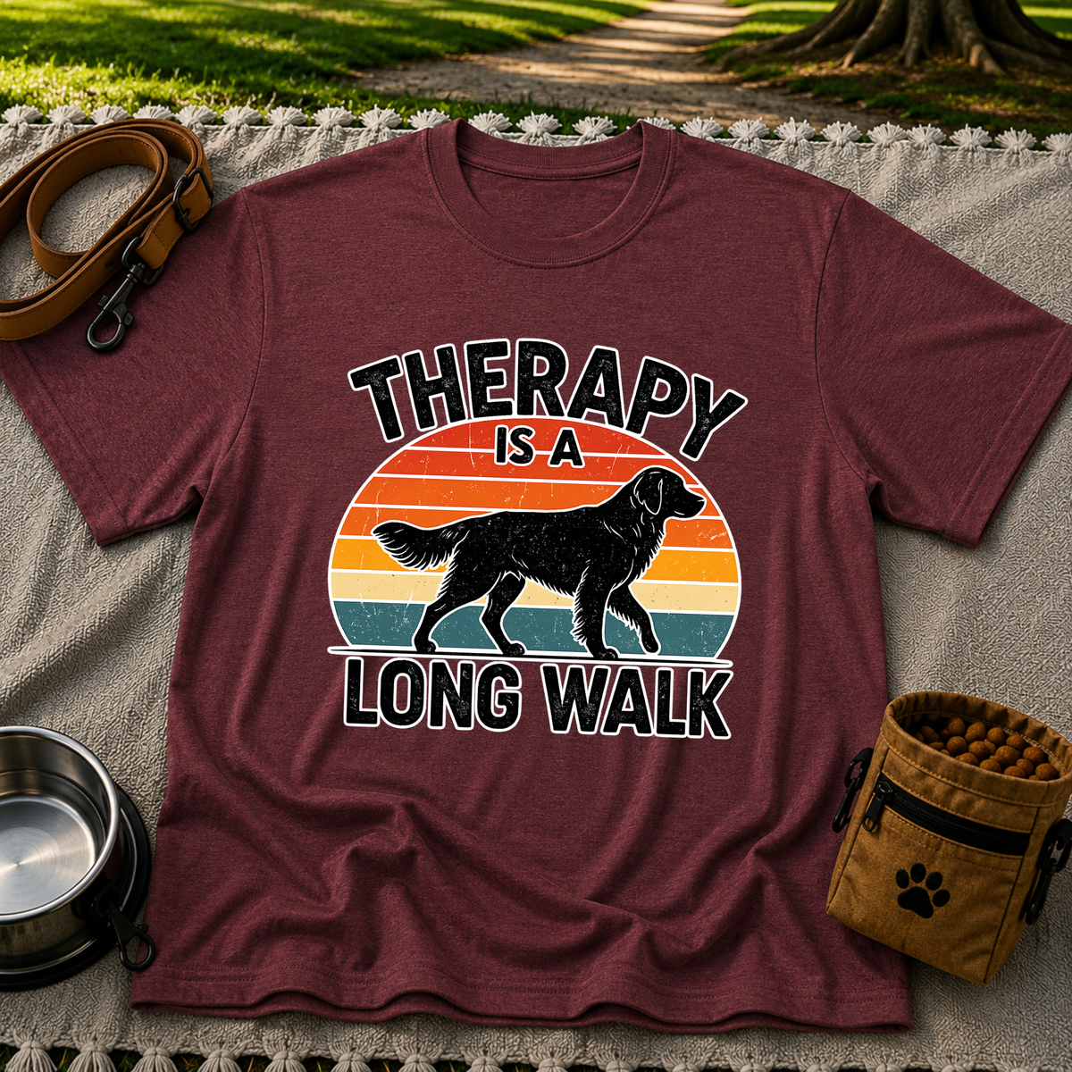 Maroon T-shirt mockup featuring dog silhouette walking across a striped sunset beneath Therapy Is a Long Walk.