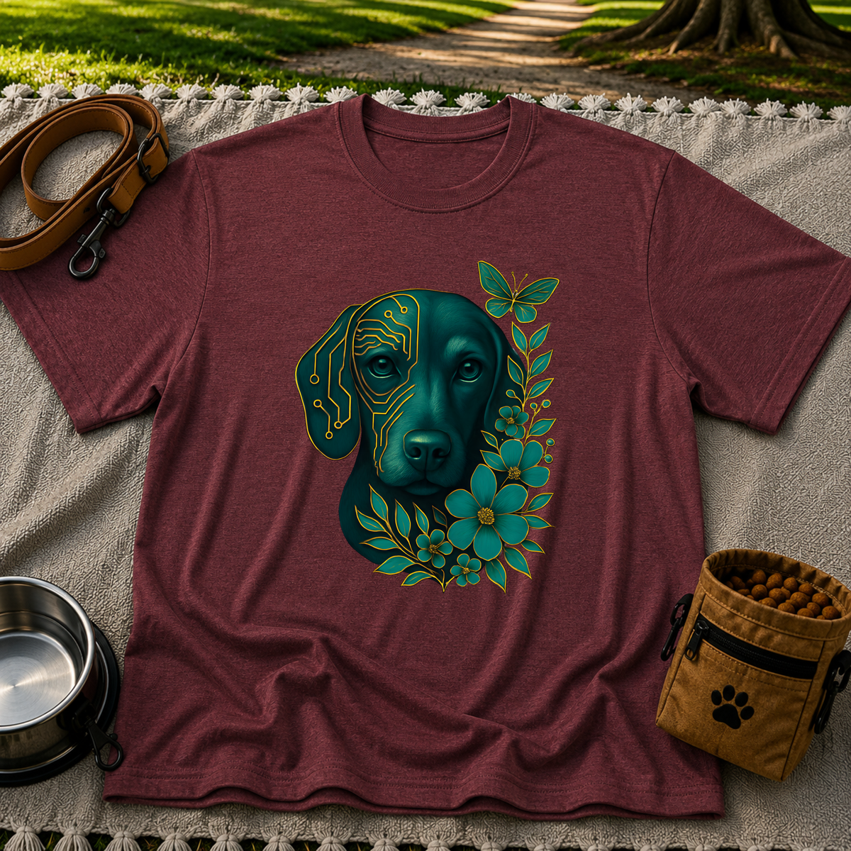 Maroon T-shirt mockup featuring teal dog portrait with golden circuit lines, leaves, and a butterfly.