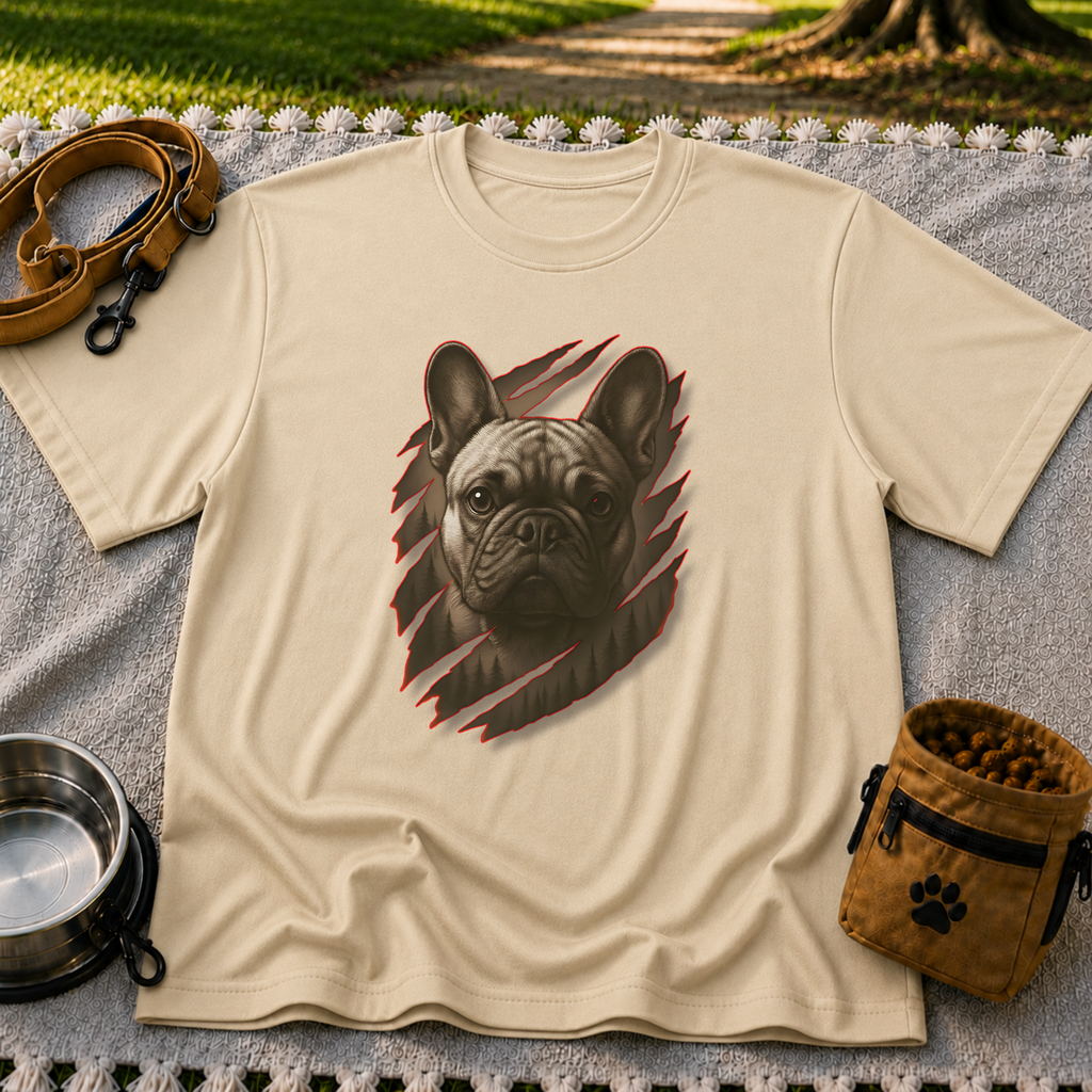 French Bulldog Claw Rip Portrait artwork on a Sand T-shirt.