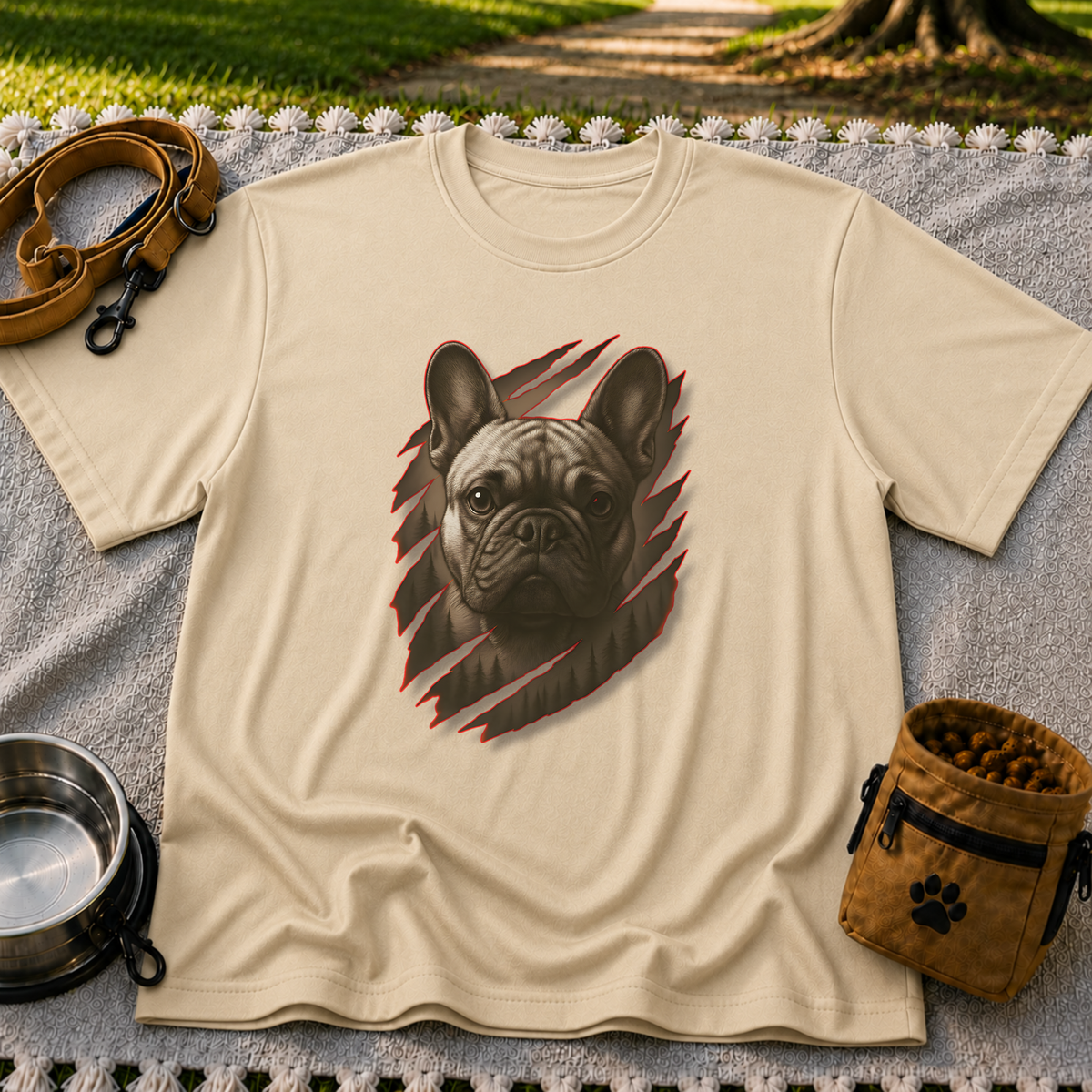 French Bulldog Claw Rip Portrait artwork on a Sand T-shirt.