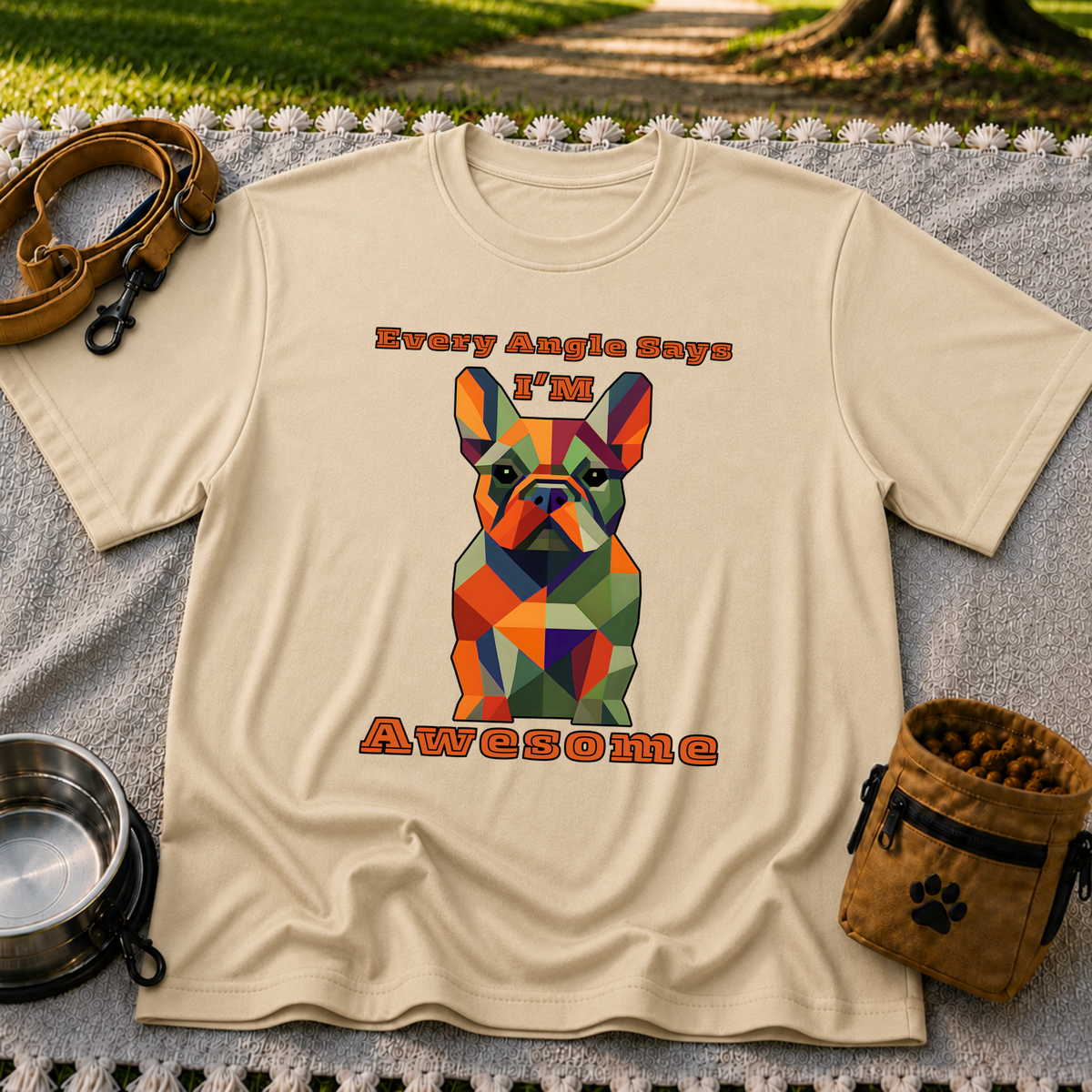 Sand T-shirt mockup featuring faceted multicolor French Bulldog portrait with Every Angle Says I’m Awesome lettering.