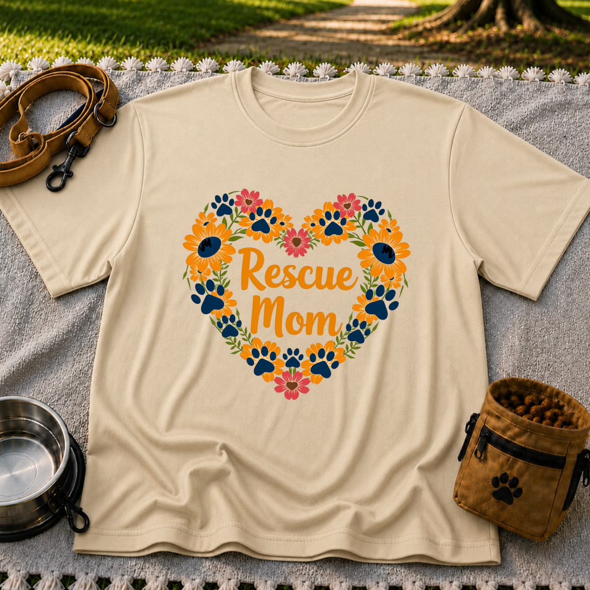 Rescue Mom Floral Paw design on a Sand T-shirt.