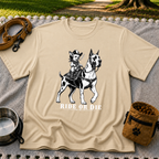 Sand T-shirt mockup featuring cowboy-hat Chihuahua riding a Great Dane above Ride or Die lettering.