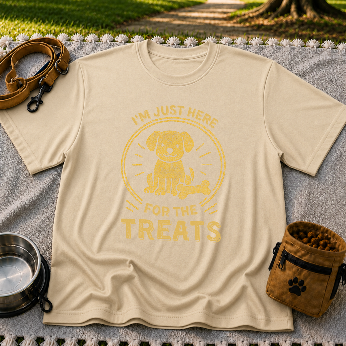 I'm Just Here for the Treats design on a Sand T-shirt.