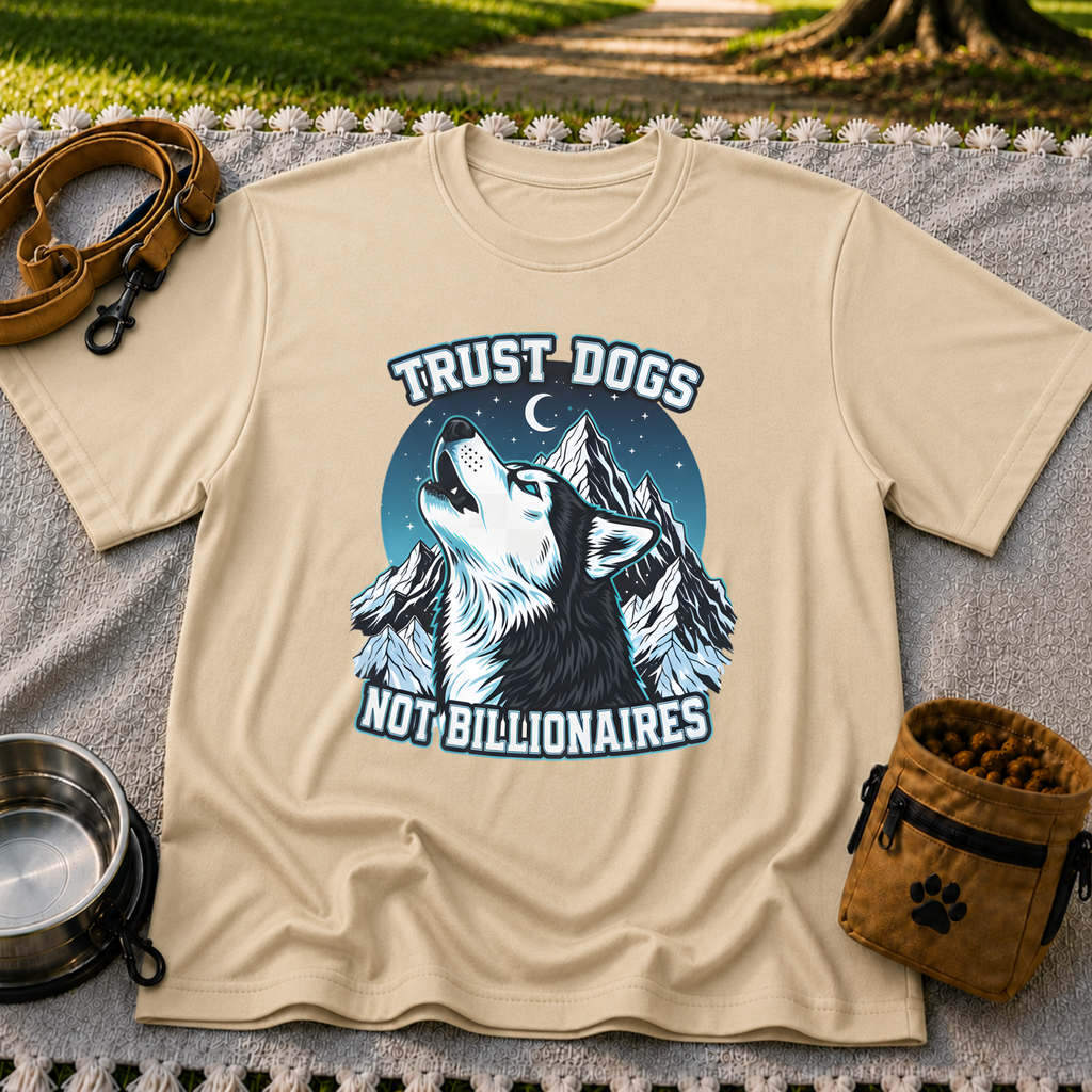 Sand T-shirt mockup featuring howling Husky against a rugged blue-toned mountain landscape.