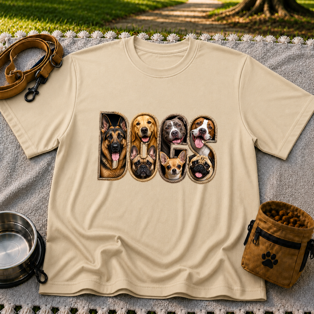 Dogs Dogs Dogs Dog Lover design on a Sand T-shirt.