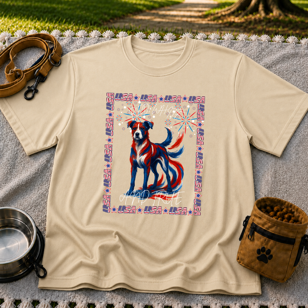 USA Fireworks Dog Lover design on a Sand T-shirt.