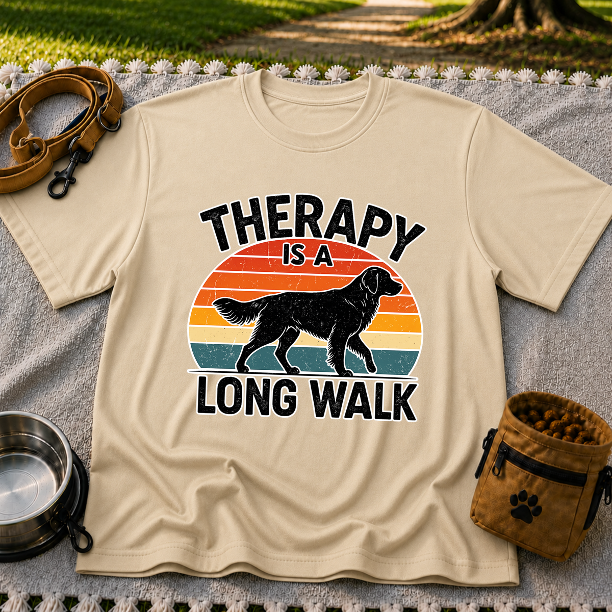Sand T-shirt mockup featuring dog silhouette walking across a striped sunset beneath Therapy Is a Long Walk.