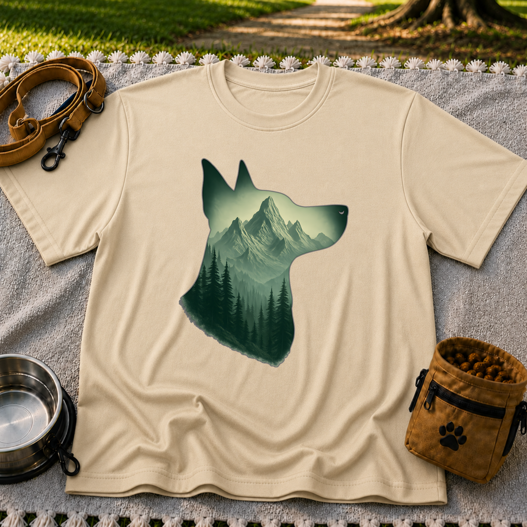Mountain Dog Wilderness artwork on a Sand T-shirt.