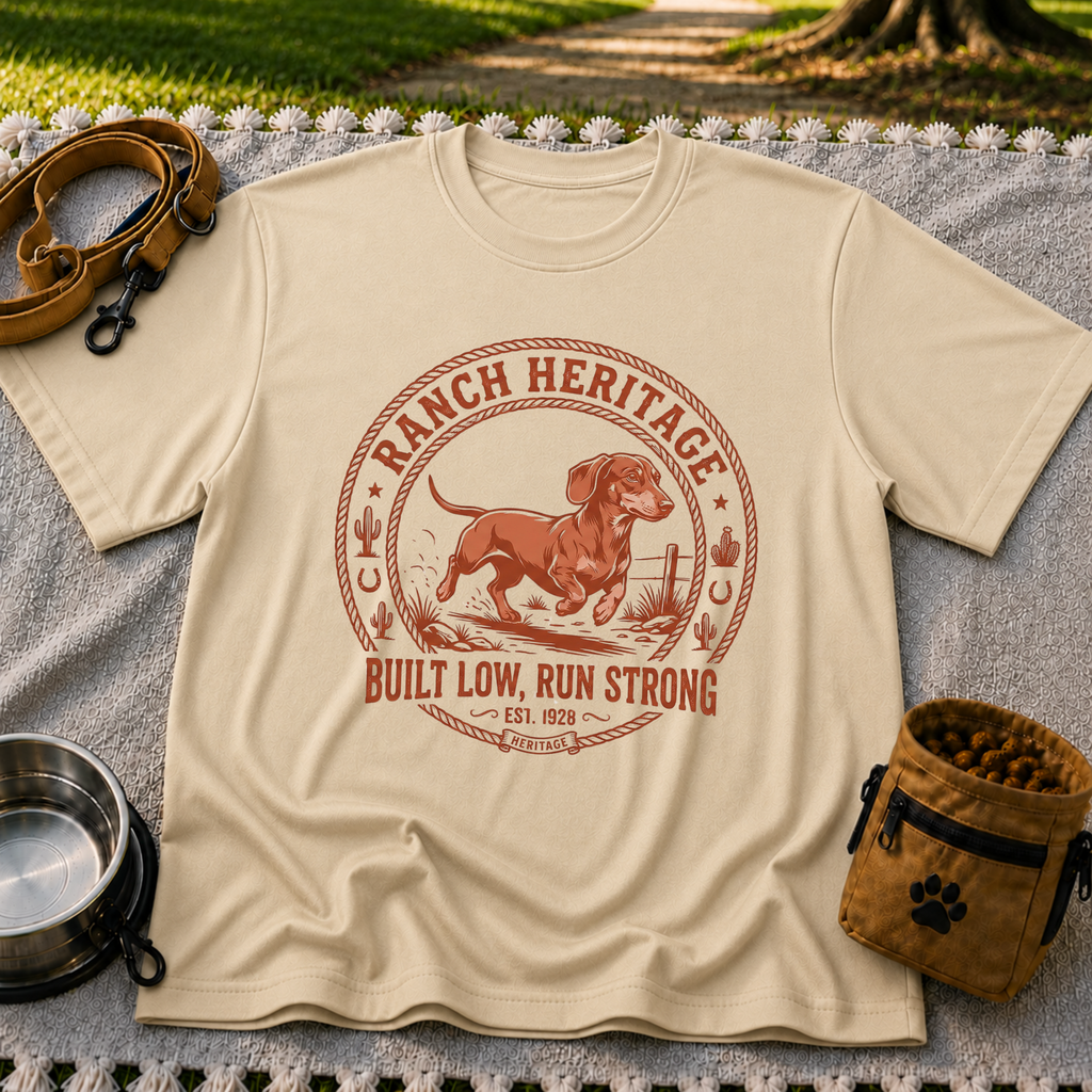 a Dachshund running inside a “Ranch Heritage” western emblem. On a Sand T-shirt.