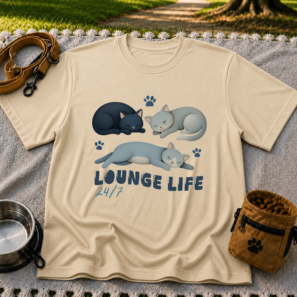 Lounge Life Cat design on a Sand T-shirt.
