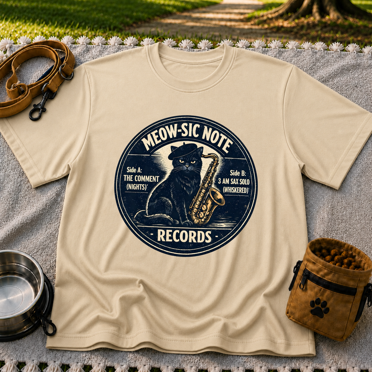 Sand T-shirt mockup featuring black cat beside a saxophone on a round Meow-sic Note Records label.