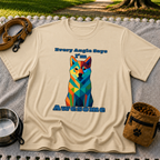 Sand T-shirt mockup featuring blue-toned geometric dog portrait with Every Angle Says I’m Awesome lettering.