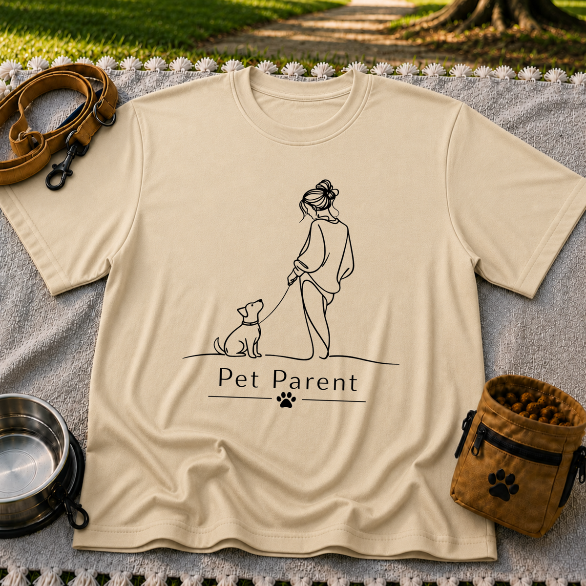 a person walking a dog beneath the words “Pet Parent”. On a Sand T-shirt.