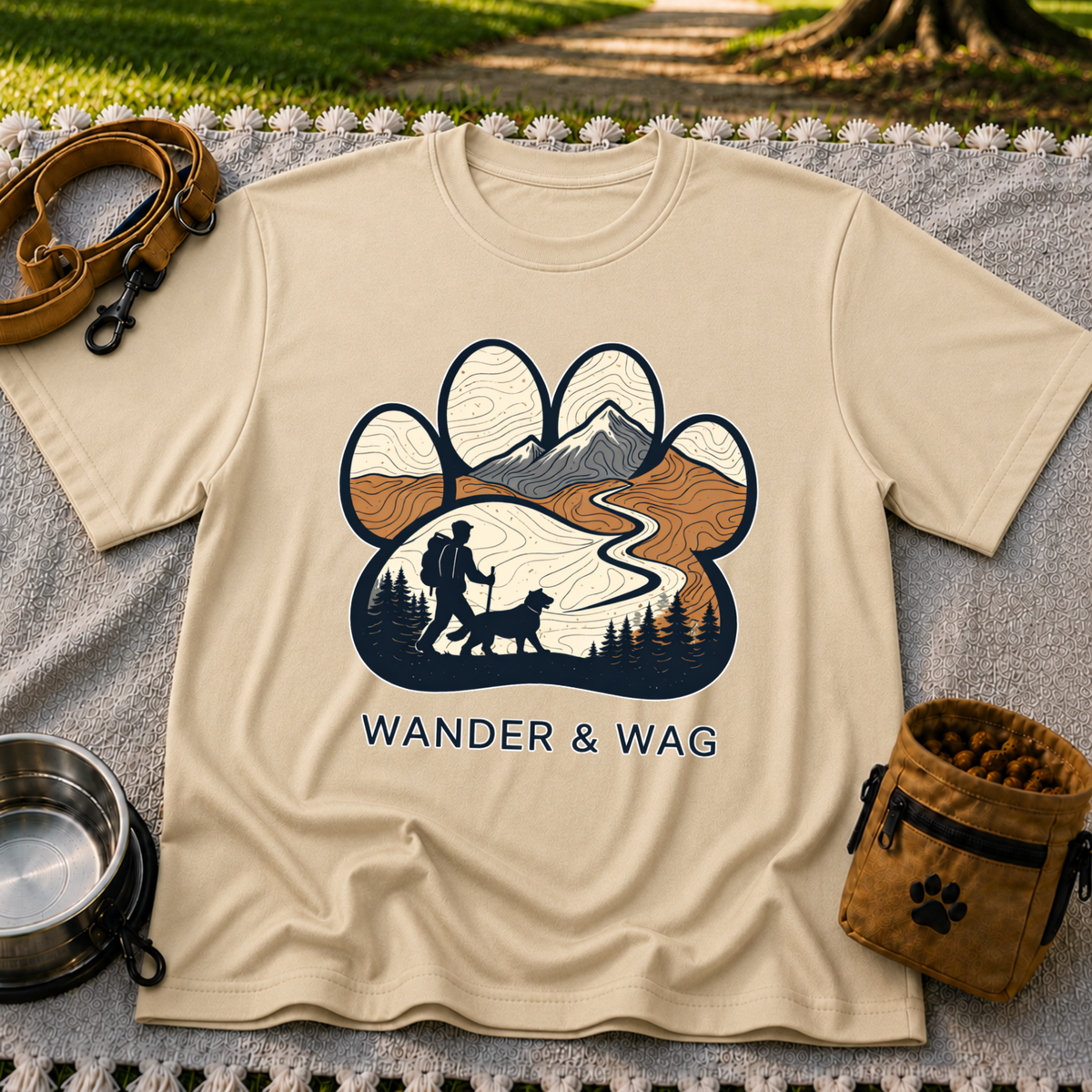 Sand T-shirt mockup featuring hiker and dog following a mountain trail framed inside a paw print.