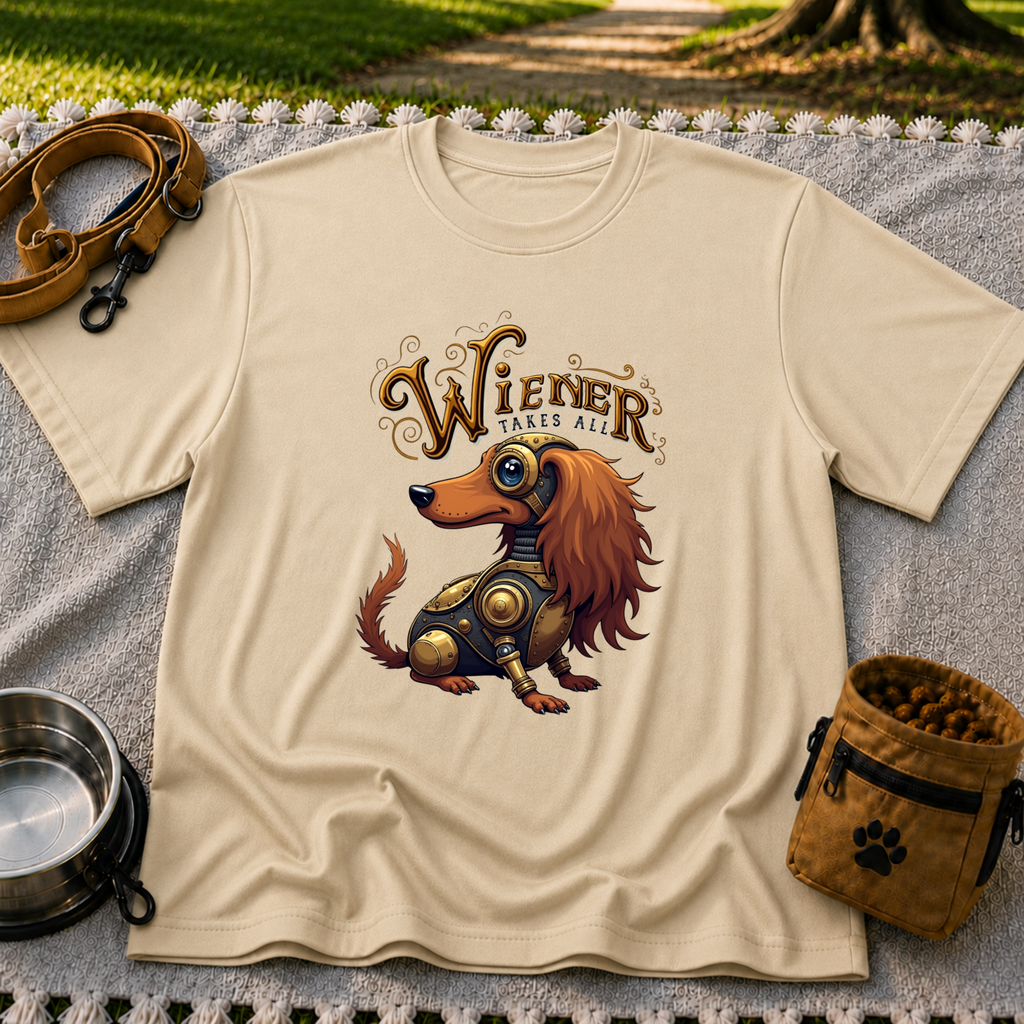 Wiener Takes All Steampunk Dachshund design on a Sand T-shirt.