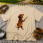 Rockin’ Dachshund Guitar artwork on a Sand T-shirt.