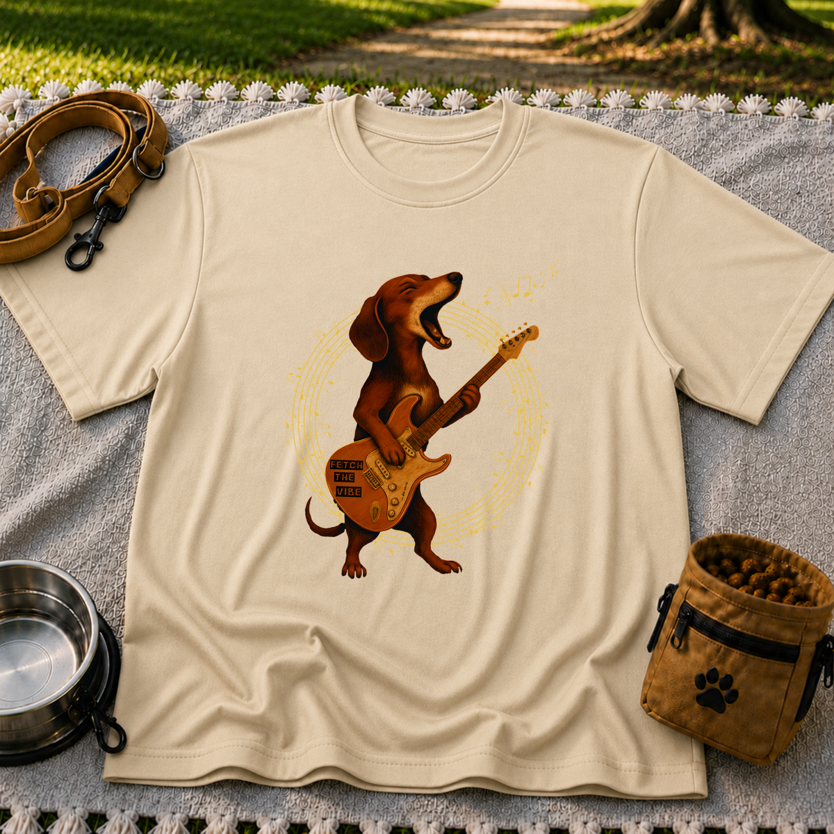 Rockin’ Dachshund Guitar artwork on a Sand T-shirt.