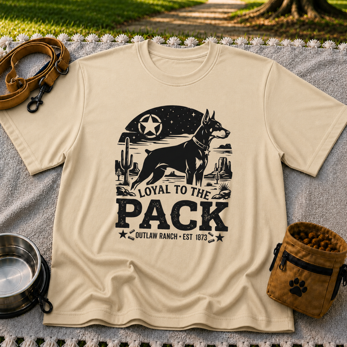 a ranch dog inside a “Loyal to the Pack” western badge. On a Sand T-shirt.