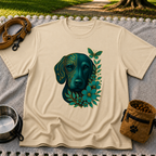 Sand T-shirt mockup featuring teal dog portrait with golden circuit lines, leaves, and a butterfly.