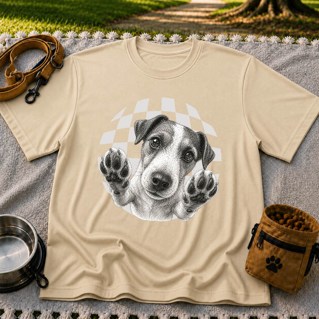Jack Russell Terrier Paws Up artwork on a Sand T-shirt.