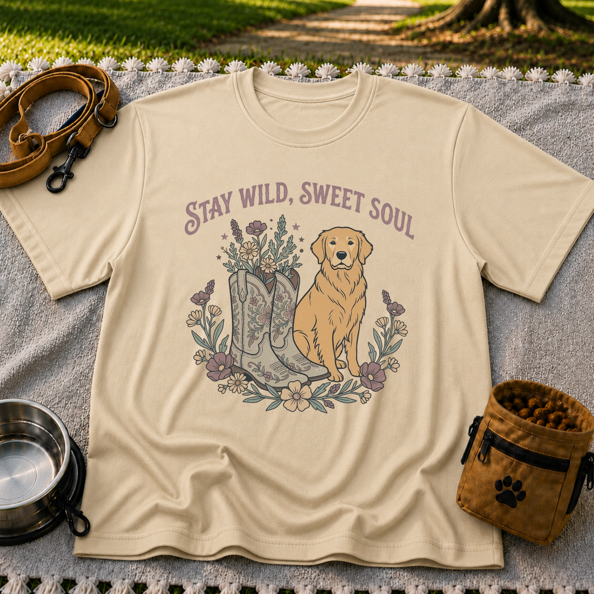 Sand T-shirt mockup featuring golden-coated dog beside floral cowboy boots and flowers beneath Stay Wild Sweet Soul.