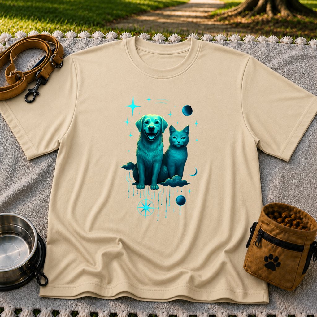 Celestial Dog and Cat Glow artwork on a Sand T-shirt.