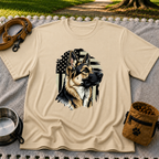 German Shepherd American Flag design on a Sand T-shirt.