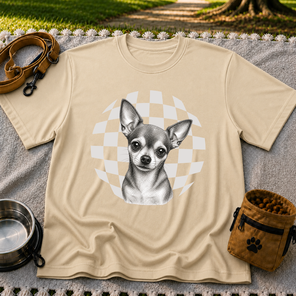 Sweet Chihuahua Portrait artwork on a Sand T-shirt.