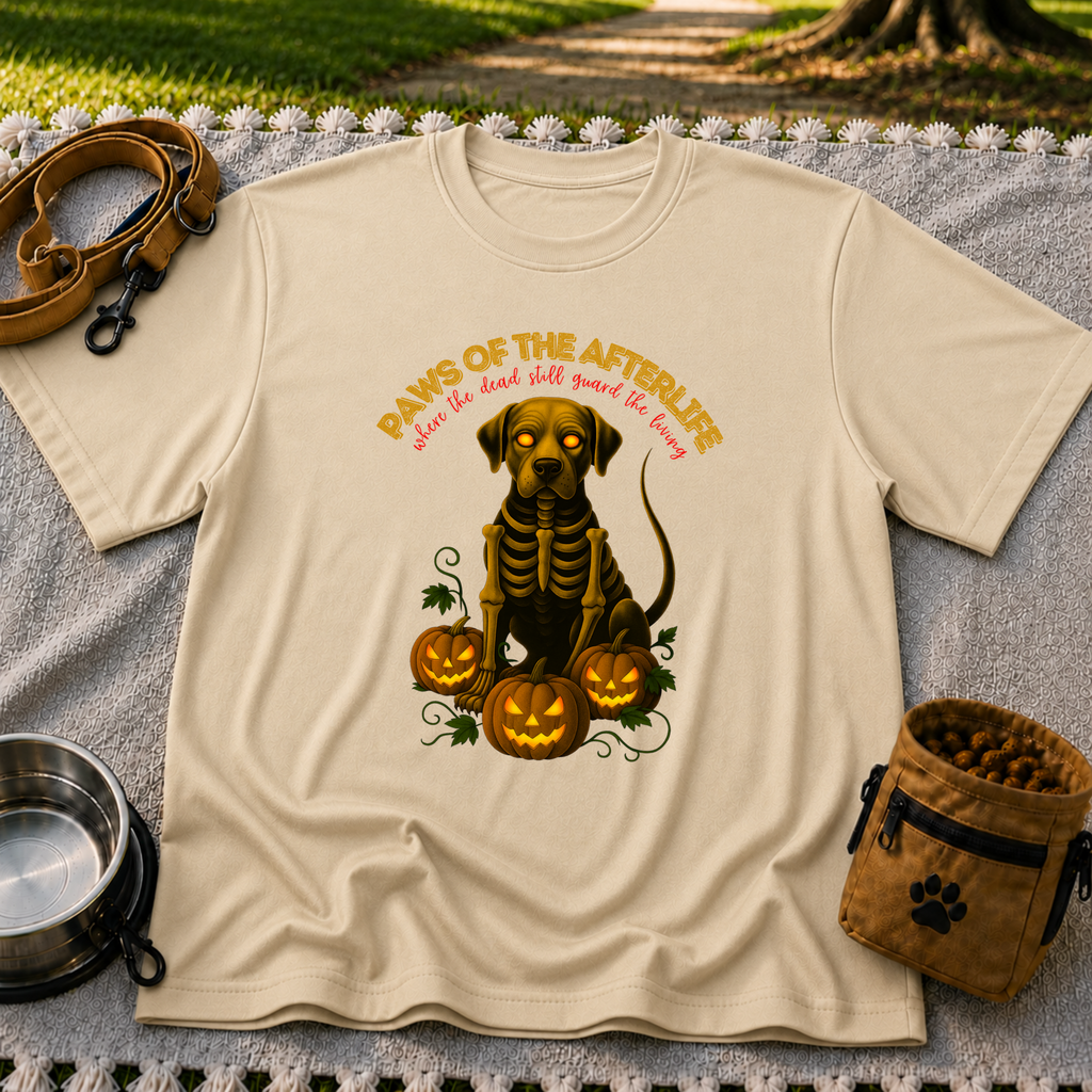 Paws of the Afterlife Labrador Skeleton Halloween design on a Sand T-shirt.