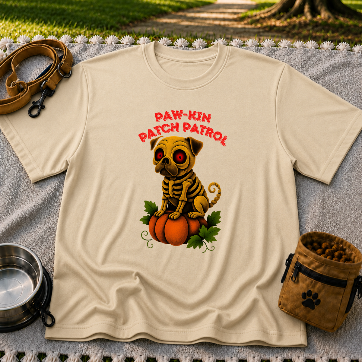 Paw-kin Patch Patrol Pug Halloween Dog Lover design on a Sand T-shirt.