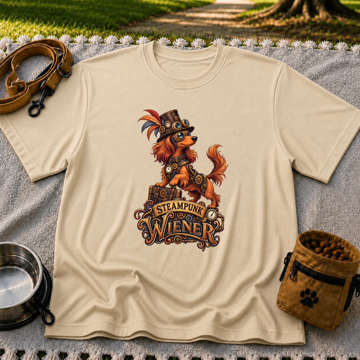 Steampunk Wiener Dog design on a Sand T-shirt.