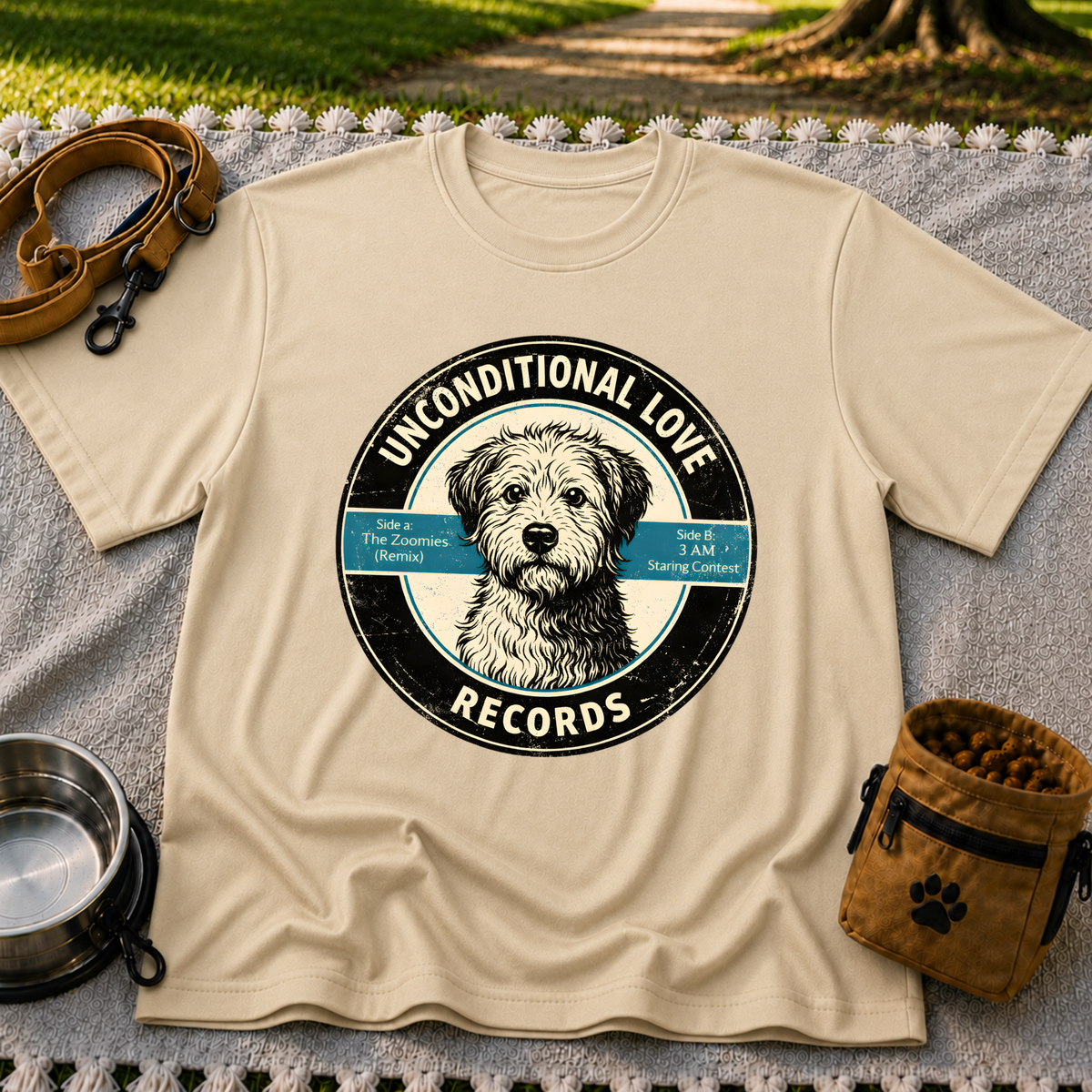 Sand T-shirt mockup featuring shaggy dog portrait on a record label with playful track names.