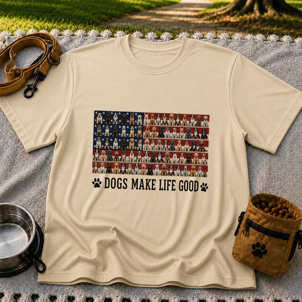 Sand T-shirt mockup featuring rows of dog portraits over an American flag with Dogs Make Life Good lettering.