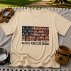 Sand T-shirt mockup featuring rows of dog portraits over an American flag with Dogs Make Life Good lettering.