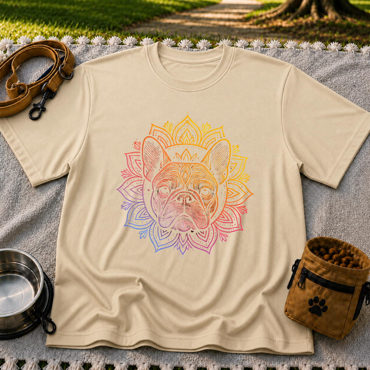 Bohemian French Bulldog Mandala artwork on a Sand T-shirt.