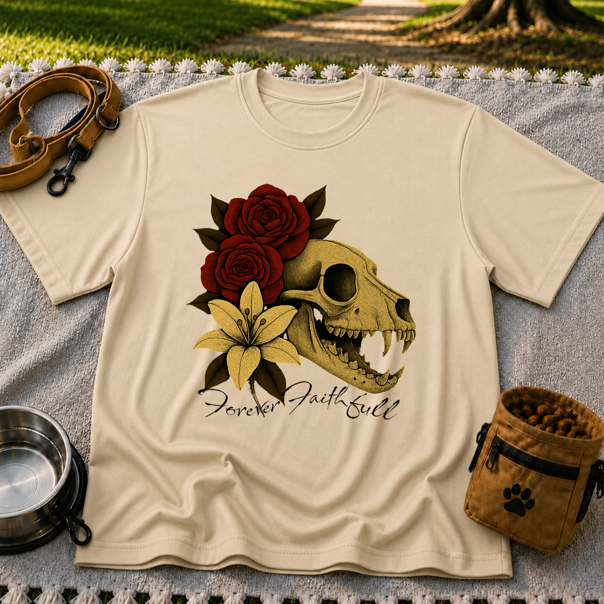 a dog skull with roses and the words “Forever Faithful”. On a Sand T-shirt.