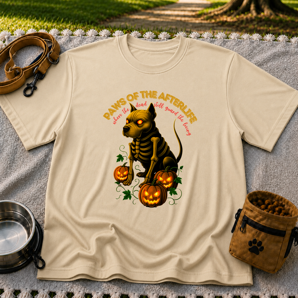 Paws of the Afterlife Pitbull Skeleton Halloween design on a Sand T-shirt.
