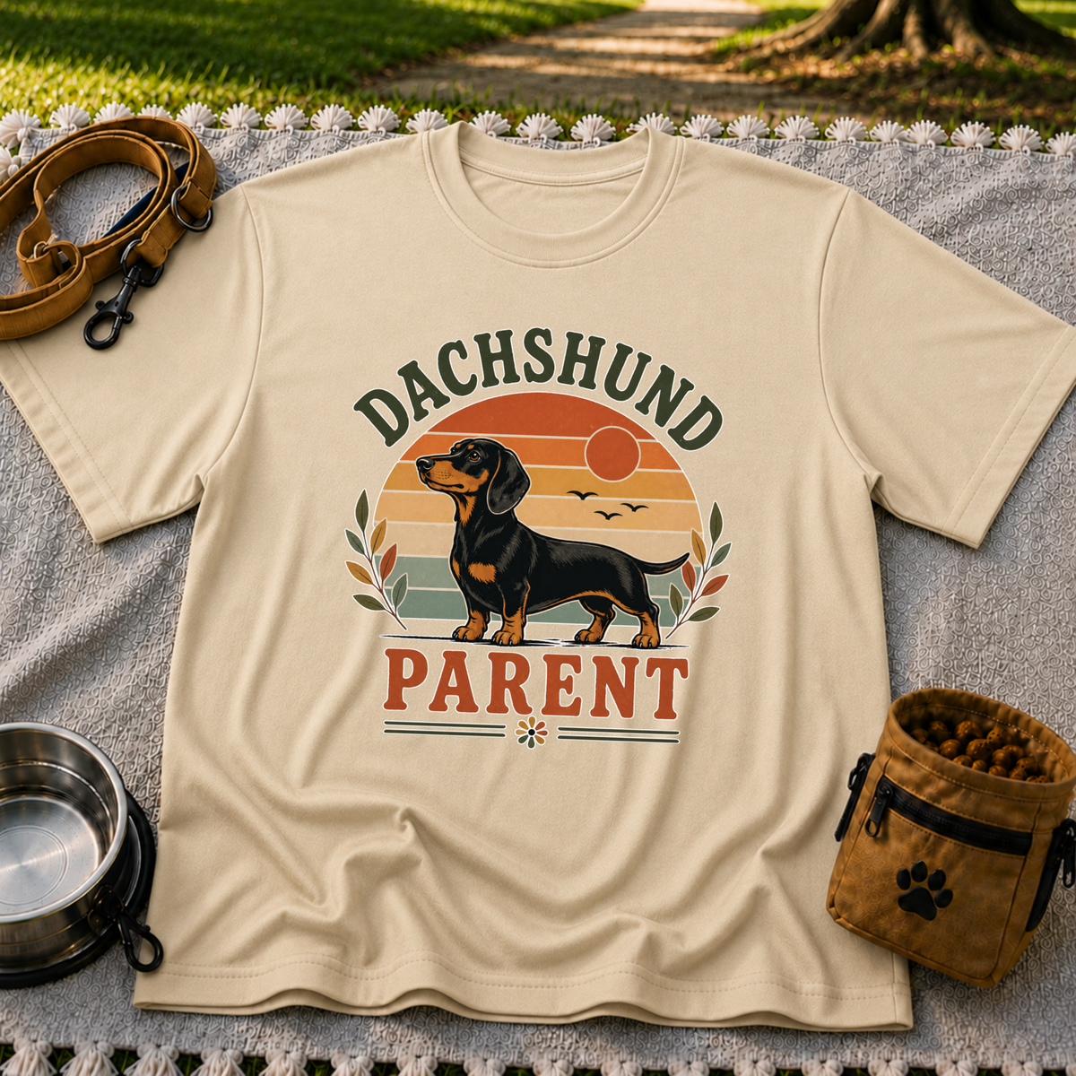 Sand T-shirt mockup featuring dachshund portrait in a striped sunset badge with Dachshund Parent lettering.