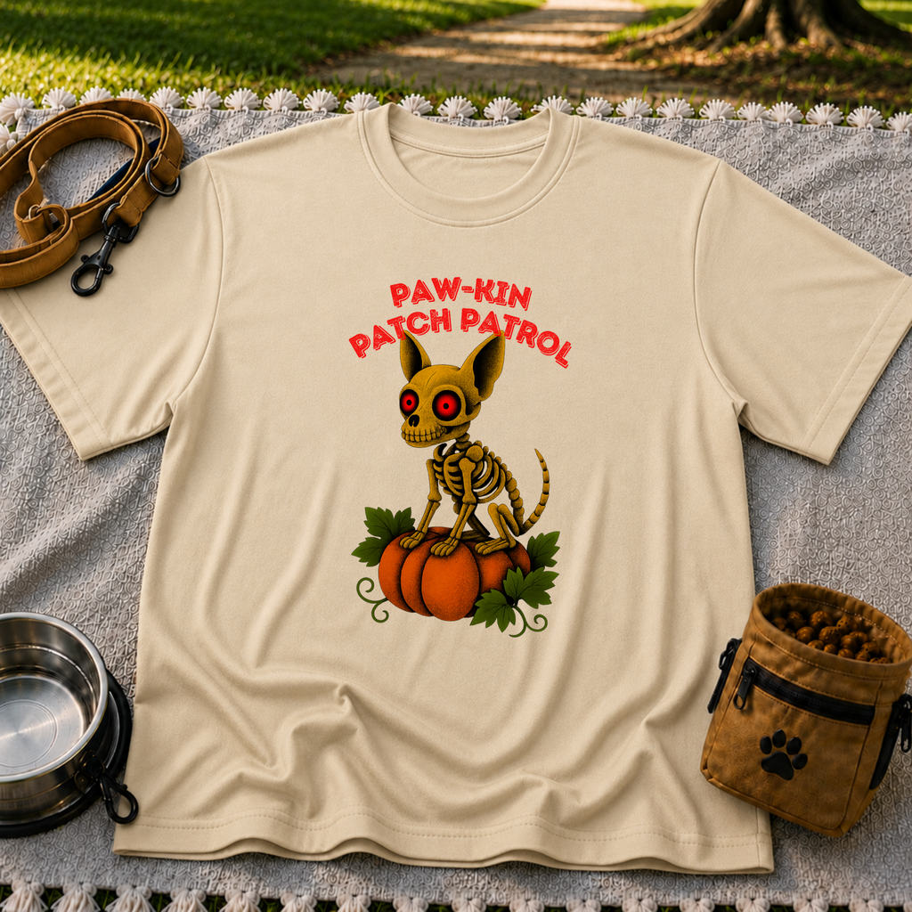 Paw-kin Patch Patrol Skeleton Chihuahua Halloween design on a Sand T-shirt.