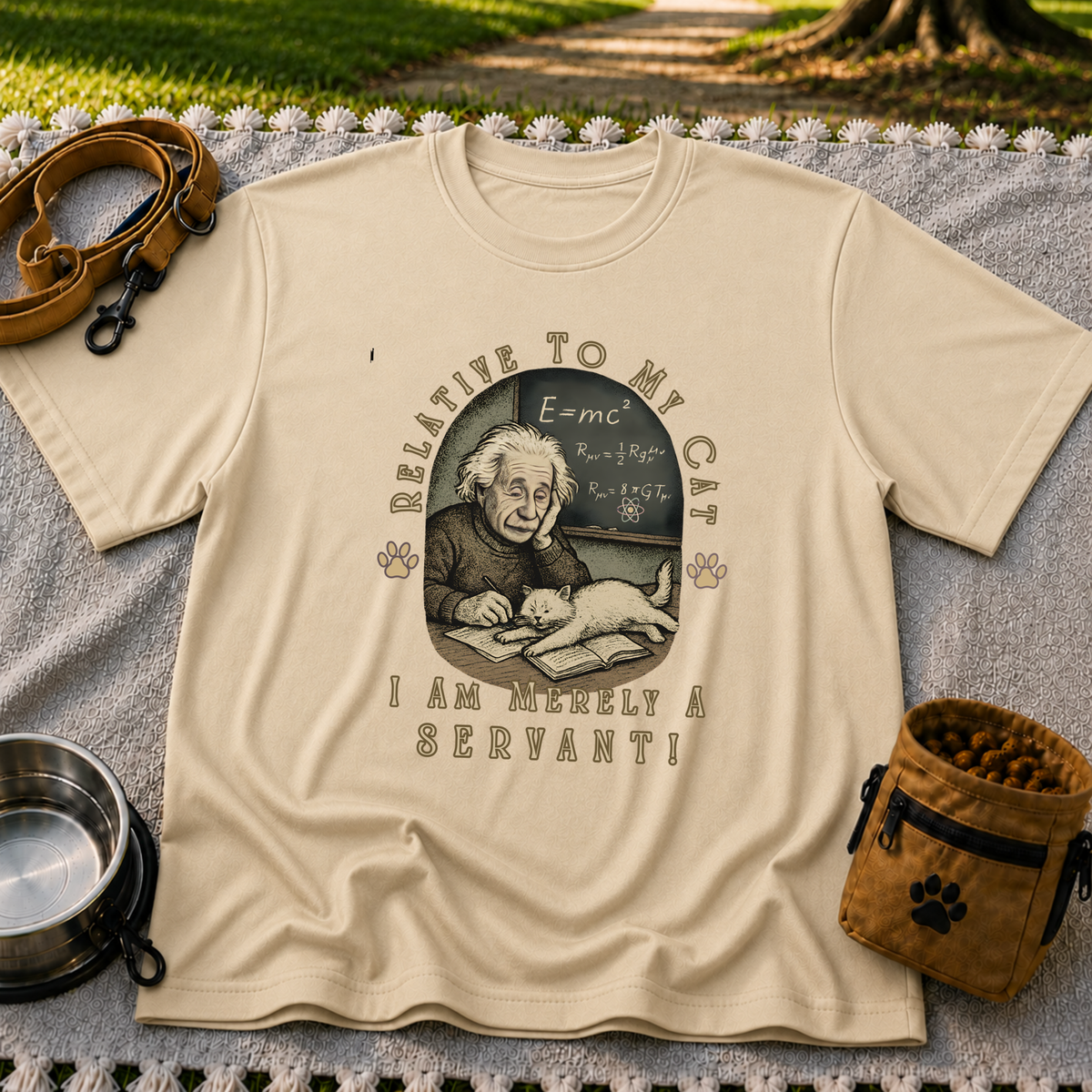 Relativity to My Cat Servant design on a Sand T-shirt.