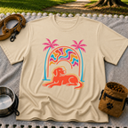 Psychedelic Dog Palm Trees design on a Sand T-shirt.